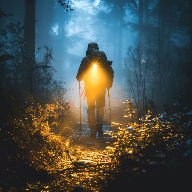 a hiker illuminating his trail with flashlight